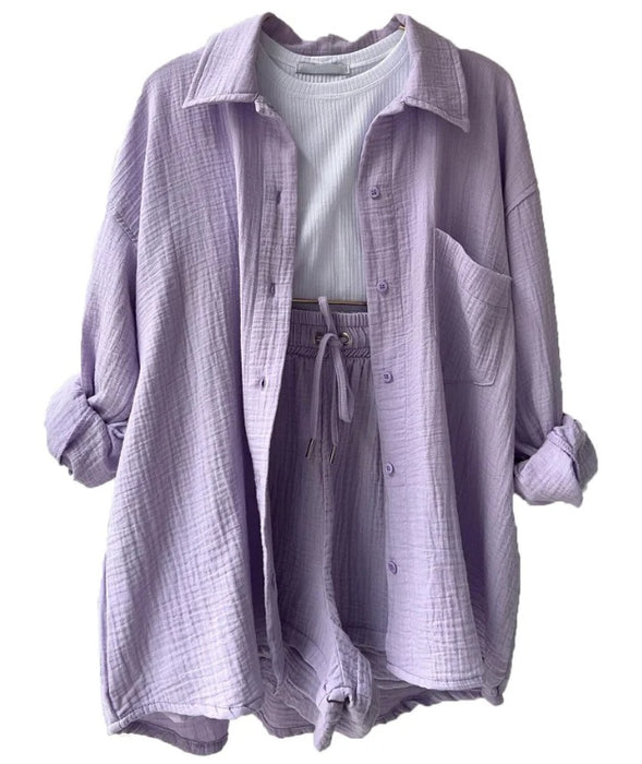 Women's Wrinkled Fabric Lapel Long Sleeved Shirt Shorts Fashion Casual Set