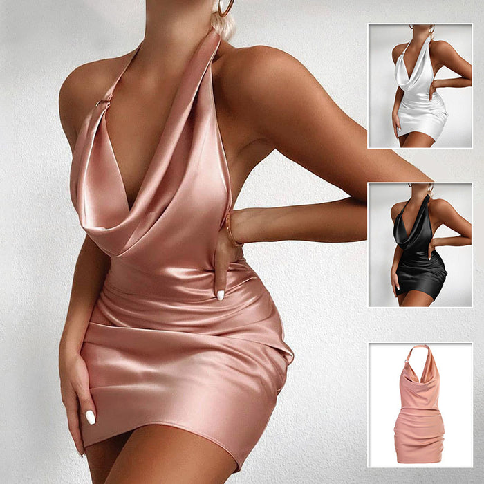 Satin Party Dress V Neck Backless Mini Sleeveless Summer